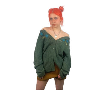 Green cozycore Embroidered Cottagecore Cardigan